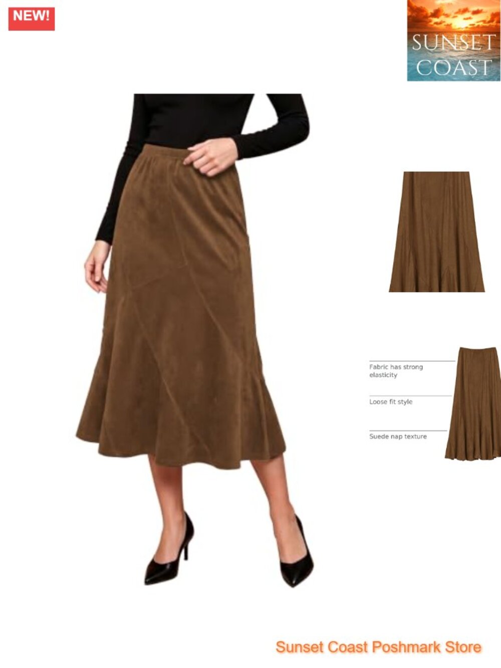 Faux Suede High Waisted A-Line Midi Skirt for Women